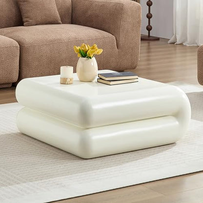 White Squishy Coffee Table, Fiberglass Modern Accent Table for Living Room, Stylish Ottoman-Like Center Furniture with Durable Build, No Assembly Required (31.5'' Beige) - color: 31.5'' Beige