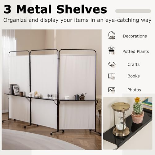 Giantex 3 Panel Room Divider with Wheels and Shelves, 103" W x 74" H Folding Privacy Screen, Rolling Partition Separator for Home Office Studio, Fabric Wall Divider for Room Separation (Beige) - color: Beige