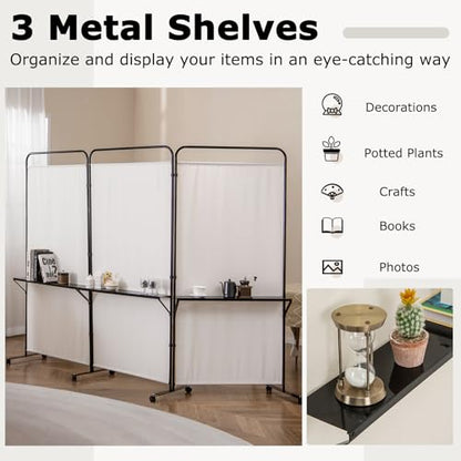 Giantex 3 Panel Room Divider with Wheels and Shelves, 103" W x 74" H Folding Privacy Screen, Rolling Partition Separator for Home Office Studio, Fabric Wall Divider for Room Separation (Beige) - color: Beige