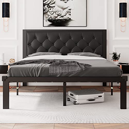 Feonase Queen Size Metal Bed Frame with Faux Leather Button Tufted Headboard, Heavy-Duty Platform Bed Frame with 12" Storage, Steel Slats Support, No Box Spring Needed, Noise Free, Black - color: Black, size: Queen