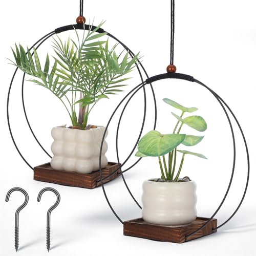 2 Pack Hanging Planters,12 Inch Metal Plant Hanger Flower Pot Holder | for Indoor Outdoor Plants, Sturdy Wood Base, Modern Boho, Minimalist, Basket, Wall Ceiling Window Stands, Home Wall Decor
