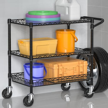 Folews Heavy Duty Rolling Cart with Wheels, 3 Tier Commercial Grade Utility Cart, Metal Storage Organizer Trolley with Handle Bar & Shelf Liner for Pantry, Laundry Room & Household Supplies, Black - style: Black