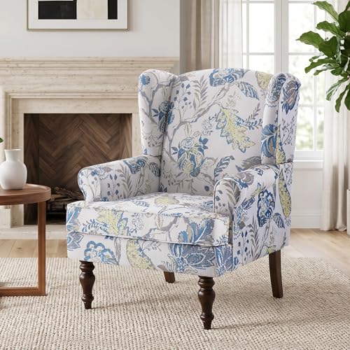 HUIMO Printed Wingback Accent Chair, Linen Upholstered High Back Armchair, Comfy Reading Chair for Living Room Bedroom Study, 300lbs Weight Capacity (1, Blue Floral) - color: Blue Floral