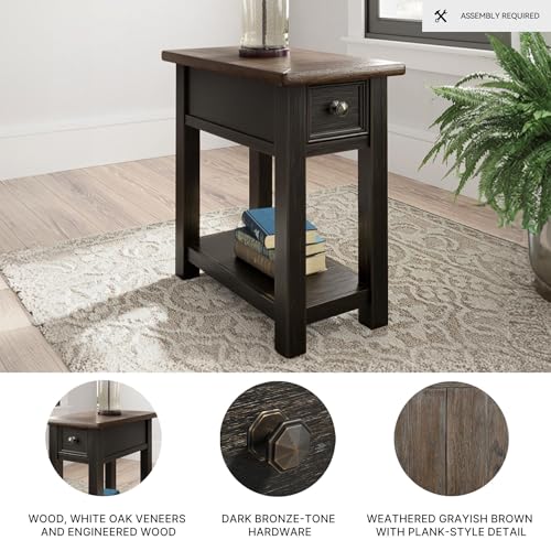Signature Design by Ashley Narrow Chairside End Table with Charging Station | Smooth-gliding remote drawer, Lower display shelf, Rustic 2-tone finish, Tyler Creek Series - color: Black