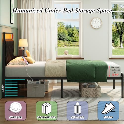 Twin Bed Frame with Charging Station, LED Light and PU Leather Upholstered Headboard, Platform Bed Frame with Under-Bed Storage, Easy Assembly, Noise Free, No Box Spring Needed, Black - size: Twin Size