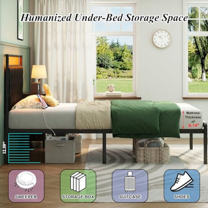 Twin Bed Frame with Charging Station, LED Light and PU Leather Upholstered Headboard, Platform Bed Frame with Under-Bed Storage, Easy Assembly, Noise Free, No Box Spring Needed, Black - size: Twin Size
