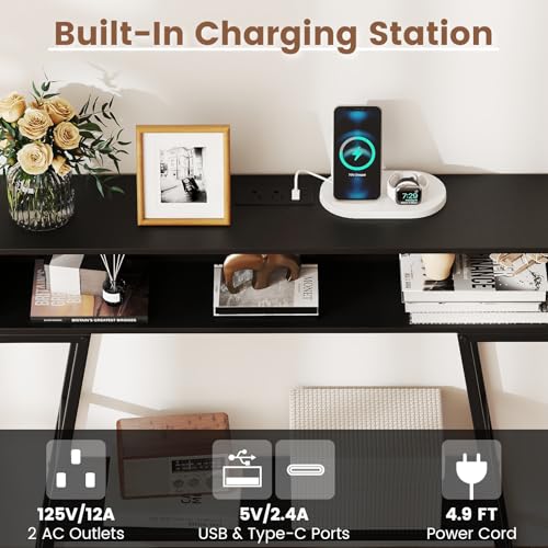 GIANTEX Modern Console Table with Charging Station & LED Lights | 40" Entryway Table with Storage Shelves, 3-Tier Display Shelf for Small Space, Sofa Table for Living Room, Black - color: Black