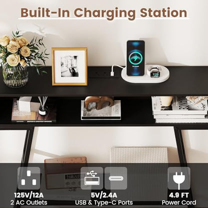 GIANTEX Modern Console Table with Charging Station & LED Lights | 40" Entryway Table with Storage Shelves, 3-Tier Display Shelf for Small Space, Sofa Table for Living Room, Black - color: Black