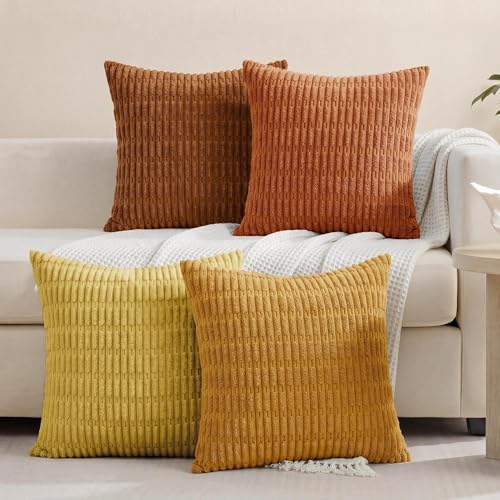 4 Pack Fall Corduroy Decorative Throw Pillow Covers 20x20 Inch, Orange/Rust | Soft Striped Farmhouse Boho Modern Autumn Home Decor Throw Pillow Covers for Couch Sofa Bedroom Living Room - color: Orange/Rust, size: 20" x 20" (Pack of 4)