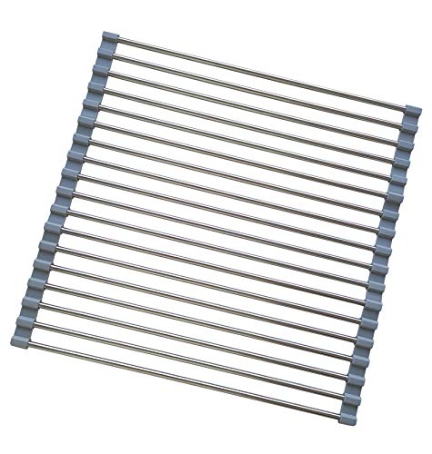 Roll Up Dish Drying Rack, Stainless Steel and Silicone Dish Drying Mat Over The Sink Foldable Drain Rack Multipurpose Dish Drainer for Kitchen, 14.5” x 14”, Gray - color: Gray