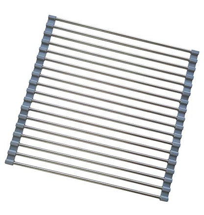 Roll Up Dish Drying Rack, Stainless Steel and Silicone Dish Drying Mat Over The Sink Foldable Drain Rack Multipurpose Dish Drainer for Kitchen, 14.5” x 14”, Gray - color: Gray