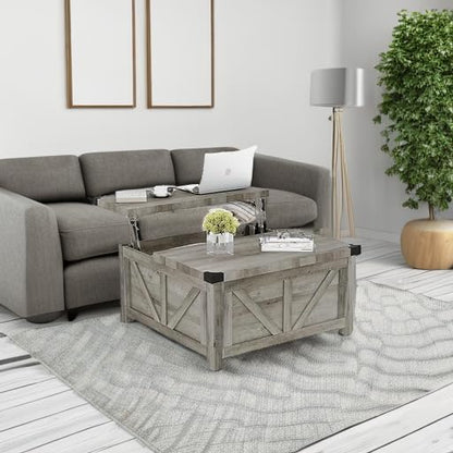jimeimen Farmhouse Lift Top Coffee Table with Storage, Wood Square Center Table with Charging Station&USB Port, Living Room Table w/Large Hidden Space, for Living Room, Bedroom, Home Office, Grey - color: Grey