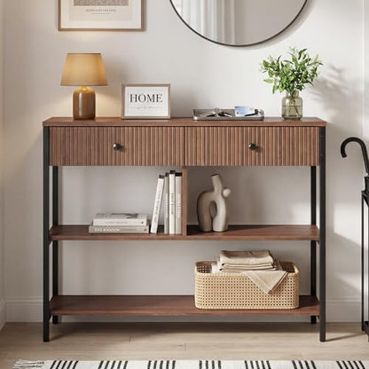 Manora Fluted Console Table with Wooden Drawers, Slim Entryway Table with Open Shelf, Tall Thin Side Table for Couch, Small Sofa Side Table for Hall, Hallway, Bedroom, Living Room, Foyer, Walnut