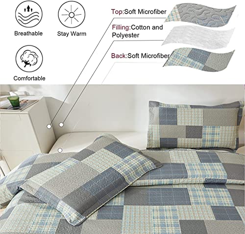 Ycosy Quilt Set King Size Bedspread Coverlet Plaid Patchwork Bedding Modern Mens Quilts Soft Lightweight Quilt Yellow Grey Plaid Coverlet Reversible Quilt Bedspread Home Bedding Collection - color: Soot Yellow, size: King