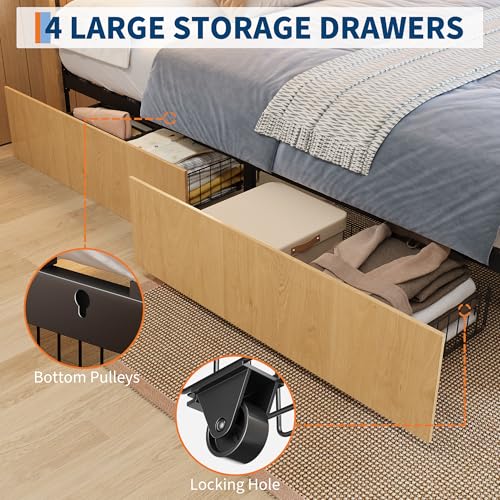 Garvee Full Rattan Bed 4 Drawers Bohemian Headboard for Bedroom | Bohemian full rattan bed with natural headboard, 4 drawers, LED lights,No box spring needed for bedroom use. - size: Full(4 Drawers)