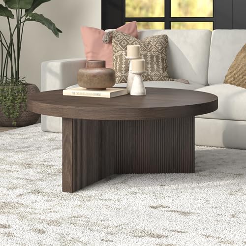 Henn&Hart 36" Scandinavian Fluted Coffee Table, Rich Brown | Ribbed pedestal base and low profile bring Scandinavian style to small spaces including living rooms or family rooms - color: Rich Brown, size: 36 inches