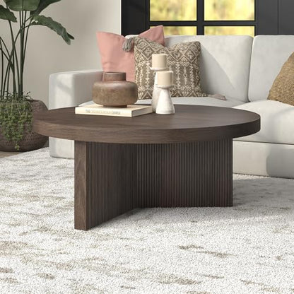 Henn&Hart 36" Scandinavian Fluted Coffee Table, Rich Brown | Ribbed pedestal base and low profile bring Scandinavian style to small spaces including living rooms or family rooms - color: Rich Brown, size: 36 inches
