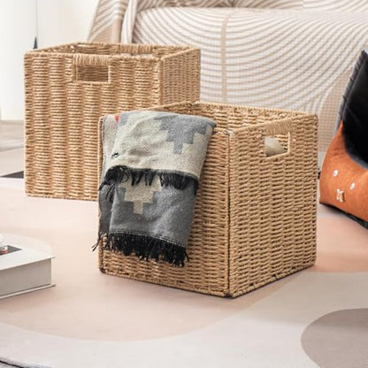 11x11x11 Cube Storage Bins Set of 4, Paper Rope Hand Woven Storage Basket with Handles, Collapsible Square Storage Cubes for Shelves, Wicker Shelf Baskets for Living Room Bedroom Organizing, Natural - size: 11" x 11" x 11" (4 Pack)
