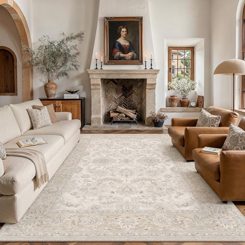 8x10 Beige Neutral Large Area Rug | Washable, Non Slip, Low Pile, Soft, Vintage, Distressed, Floral, Farmhouse, for Living room Bedroom Dining Room Office - color: Beige, size: 8' x 10' (Rectangular)
