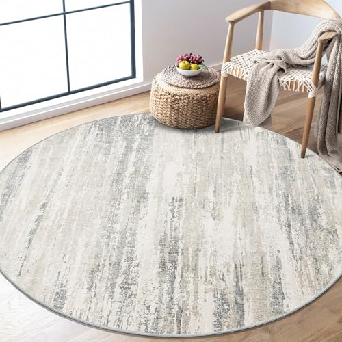 Round Rug 4ft Small Cicle Area Rug Washable Low Pile Non Slip Modern | Circular Throw Carpet for Entryway Bedroom Kitchen Abstract Floor Indoor Accent Neutral Beige and Grey - color: Beige, size: 4' (Round)