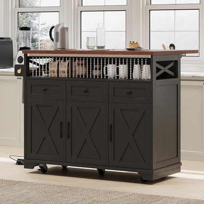 46.5'' Farmhouse Kitchen Island with Charging Station, Drop Leaf & Bead Drape - Mobile Rolling Cart, Ample Storage, Rustic Wood Grain Countertop for Compact Spaces (Black+Brown) - color: Black+brown)
