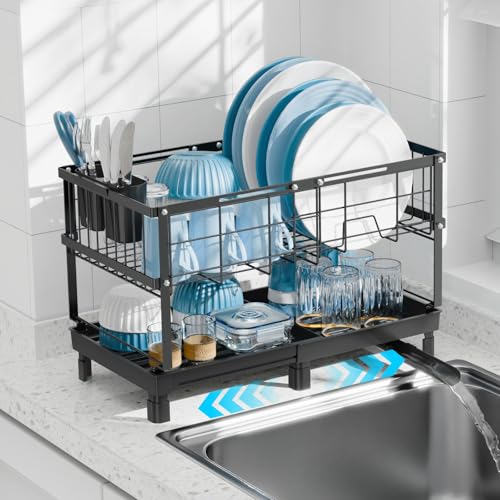Large 2 Tier Dish Drying Rack - Expandable for Kitchen Counter Black | Spacious Drying Space, 360° Rotating Drain Spout, 12.2 in Deep Design, Removable Utensil Holder, Rust-Resistant, Stable Frame - color: Black, size: Large - 20.7"L x 12.2"D x 13.4"H