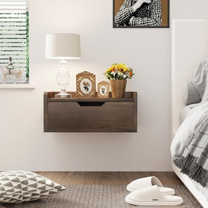 Floating Nightstand, Bedside Shelf Wall Mounted, Small Modern Floating Shelf Nightstand with Drawer, Floating Bedside Table Wall Shelf for Bedroom, Bathroom (Pine Wood)