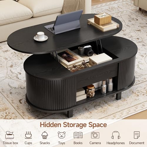 43.3" Oval Lift Top Fluted Coffee Table with Sliding Door, Black | Mid-Century Modern Fluted Coffee Table with Lift Tabletop & Multi-Storage Spaces, Dining Table for Living Room, Home Office - color: Black