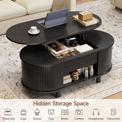 43.3" Oval Lift Top Fluted Coffee Table with Sliding Door, Black | Mid-Century Modern Fluted Coffee Table with Lift Tabletop & Multi-Storage Spaces, Dining Table for Living Room, Home Office - color: Black