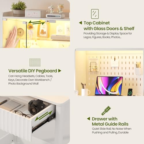Lvifur Small Writing Desk with Power Outlet - LED Study Desk with Drawer & Hutch, Home Office Desk with Shelf & Pegboard, Space Saving Study Table Work Station for Dorm, Living Room (White) - color: White86023