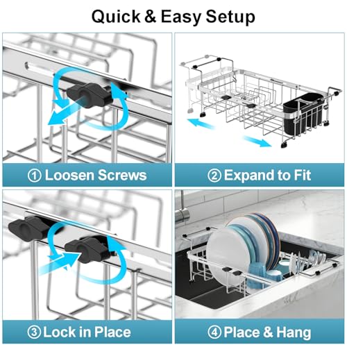 Small Over the Sink Dish Drying Rack - 9" W Expandable Stainless Steel Compact Dish Drainer for RV, Apartment, Camper, Kitchen, Dish Strainer with Lock Knob, Silver - color: Silver, size: 9"W | Fits Inner Sink 12"-18.3"L