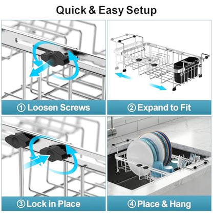 Small Over the Sink Dish Drying Rack - 9" W Expandable Stainless Steel Compact Dish Drainer for RV, Apartment, Camper, Kitchen, Dish Strainer with Lock Knob, Silver - color: Silver, size: 9"W | Fits Inner Sink 12"-18.3"L