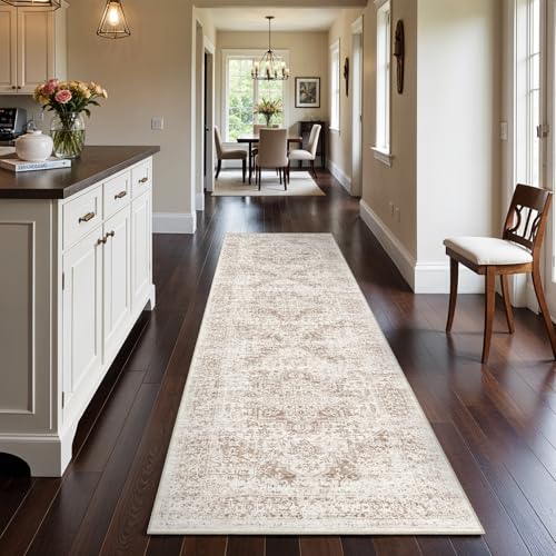 3x10 Washable Hallway Runner Rug: Vintage Medallion Soft Rugs IvoryBeige | Non Slip Pet Friendly Water Resistant Low Pile Easy Clean Durable for Entryway Kitchen Living Room and High Traffic Areas - color: Ivory/Beige, size: 3x10