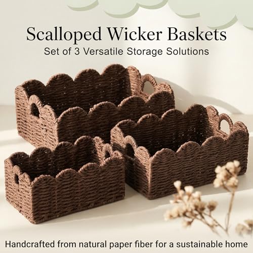 Scalloped Wicker Basket Set of 3, Hand-Woven Storage with Handles | set of 3 brown scalloped baskets with handles. Hand-woven paper rope for shelves, bathroom or closet. Stackable, sturdy. - color: Brown