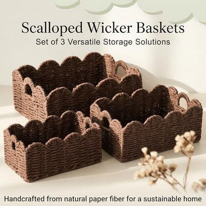 Scalloped Wicker Basket Set of 3, Hand-Woven Storage with Handles | set of 3 brown scalloped baskets with handles. Hand-woven paper rope for shelves, bathroom or closet. Stackable, sturdy. - color: Brown