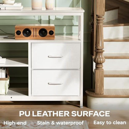 Huuger TV Stand Dresser with Power Outlets and LED Lights, 4 Drawers Entertainment Center with Shelves, 54 Inch Media Console for 55 60 Inch TV, 4 AC Outlets, 2 USBs, Dresser with PU Finish, White - color: White, size: 54 Inches
