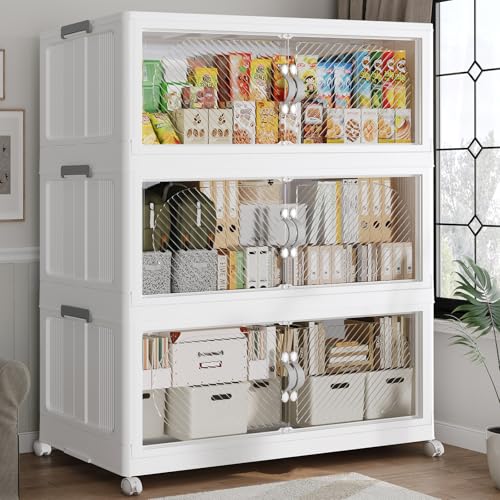 90GAL Plastic Storage Bins with Lid, 360QT Extra Large Stackable Closet Organizers and Storage, Collapsible Storage Boxes with Wheels, Folding Cabinet for Home Kitchen Office, 3Pack White - color: White, size: 30Gal-3Pack