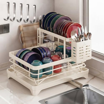 Stainless Steel Dish Drying Rack for Kitchen Counter, 2-Tier Dish Racks for Kitchen Counter, Compact Dish Drainer with Auto-Drainboard & Utensil Holder for Plates, Bowls, Cups and Cutlery (B-1) - color: B-1
