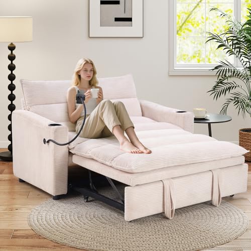 HAOMARKETS 3-in-1 Convertible Loveseat Sleeper Sofa Bed, 2-Seat Pull Out Couch with Cup Holders, Phone Holder and USB Ports, Corduroy 3-Level Adjustable Backrest Couches for Living Room, Beige - color: Beige, size: 56"(2-Seat)