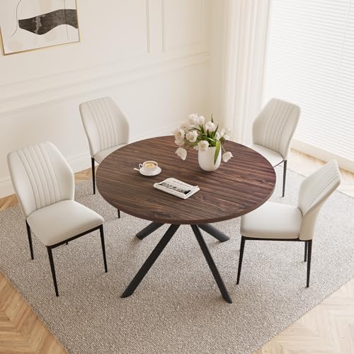HIPIHOM 45.3'' Walnut Round Dining Table Set for 4, Mid Century Modern Small Coffee Set for Dining Room Kitchen Apartment (Dark Walnut Table + 4 White Chairs) - color: Walnut Table+4 White Chairs