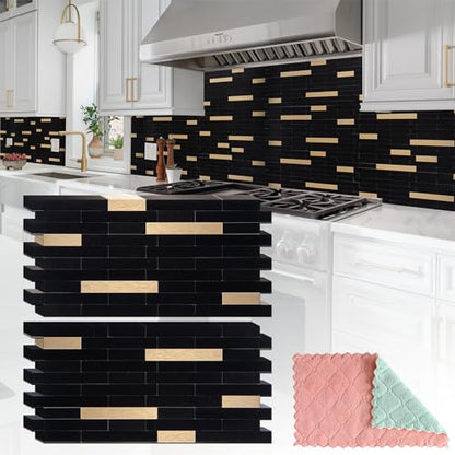 StyloVue 20 Sheets Peel and Stick Tile Backsplash, Black with Metal Gold Look Stick on Tile Upgrade Your Kitchen Backsplash, RV, Fireplace - color: Black With Metal Gold