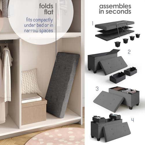 Storage Ottoman Bench with Bins, 30-in Storage Bench for Bedroom End of Bed, Folding Foot Rest Ottoman for Living Room Max 660lbs, Fabric Ottomans, Grey