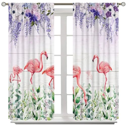 Summer Flamingo Curtain, Purple Violet Wisteria Rose Green Eucalyptus Leaf Window Drapes for Living Room Bedroom Home 42" W X 45" L(No Blackout) - color: Flamingo-7, size: 20.5"W x 45"L (Pack of 2)