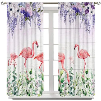 Summer Flamingo Curtain, Purple Violet Wisteria Rose Green Eucalyptus Leaf Window Drapes for Living Room Bedroom Home 42" W X 45" L(No Blackout) - color: Flamingo-7, size: 20.5"W x 45"L (Pack of 2)