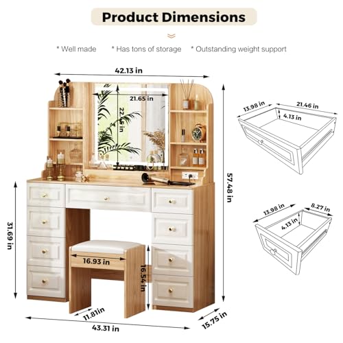 Arulvmrn 43" Makeup Vanity Desk with Mirror and Lights, & Power Outl, Glass Top Big Vanity Table with 9 Drawers& 8 Storage Shelves, Dressing Table Set with Chair for Bedroom, Oak - color: Oak
