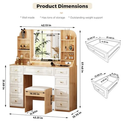 Arulvmrn 43" Makeup Vanity Desk with Mirror and Lights, & Power Outl, Glass Top Big Vanity Table with 9 Drawers& 8 Storage Shelves, Dressing Table Set with Chair for Bedroom, Oak - color: Oak