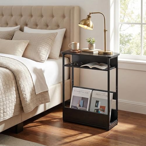 Narrow Side Table,3-Tier Slim End Table with Storage Shelf,Modern Sofa Table Thin Side Table for Narrow and Small Spaces, Skinny Bedside Table Small Nightstand with Magazine Rack Space Saving/Black - color: Black