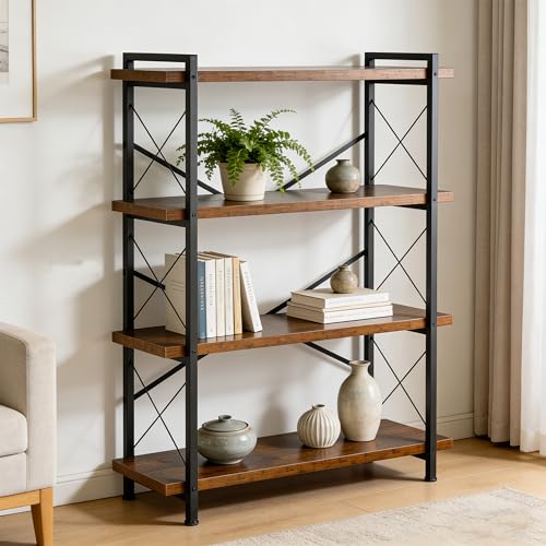 Bookshelf, Rustic Open Book Shelf, Wood and Metal Horizontal Bookshelves (4-Tier) - color: 4-tier