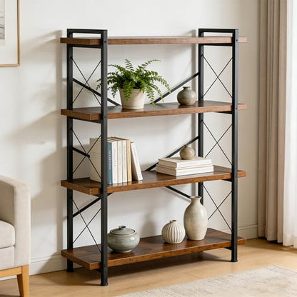 Bookshelf, Rustic Open Book Shelf, Wood and Metal Horizontal Bookshelves (4-Tier) - color: 4-tier