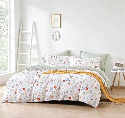 LEMIROE Botanical Cotton Comforter Twin Size 2Pcs - Colorful Flowers, Berries and Leaves on White, Chevron Sage Green Back, Lightweight Bedding Sets with Soft Fill(1 Comfoter, 1 Pillowcase) - color: Whimsy Meadow - White & Sage Green, size: Twin/Twin XL(6